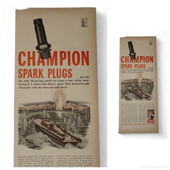 1943 Champion Spark Plug Print Ad Navy Battle Scene 1940s Automotive Ephemera - Picture 1 of 8